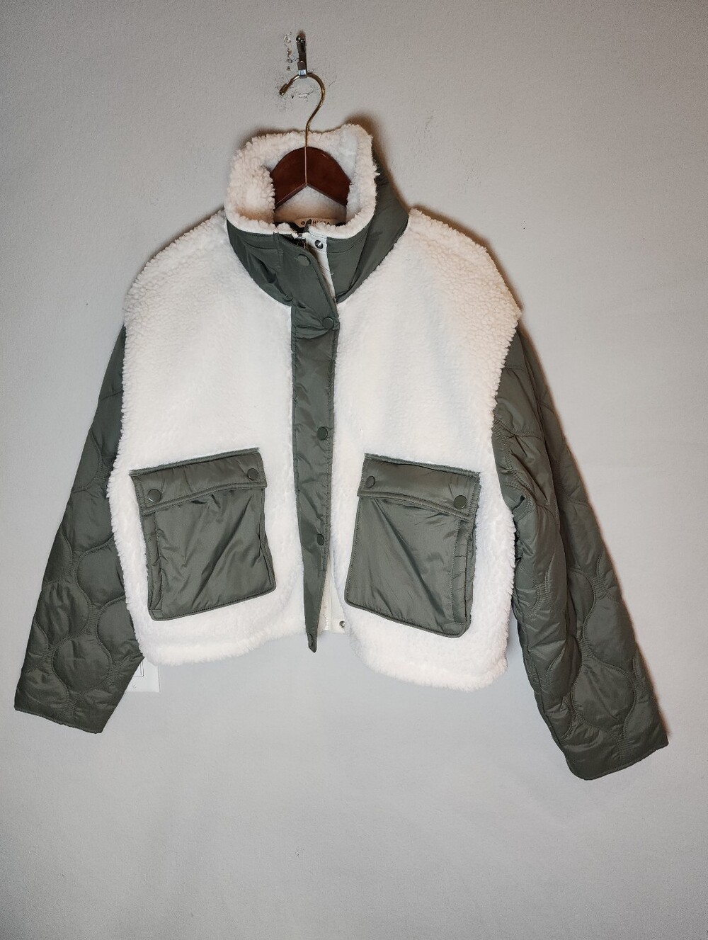 Athleta Fleece Hybrid Mixed Fabric Jacket Green White Faux Sherpa Women's Large